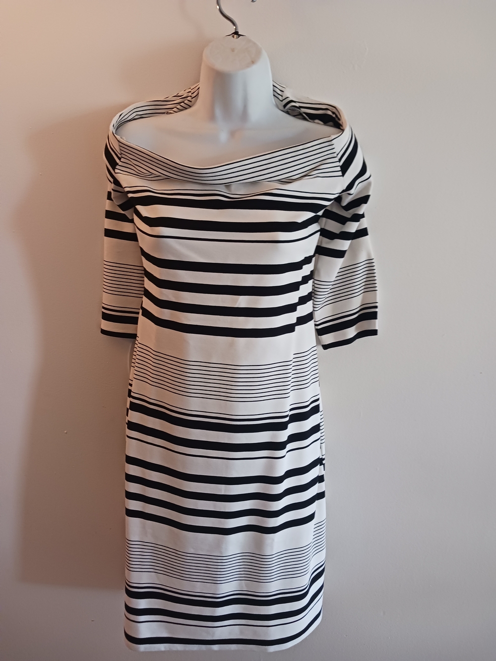 Off-Shoulder Black and White Striped Midi Dress